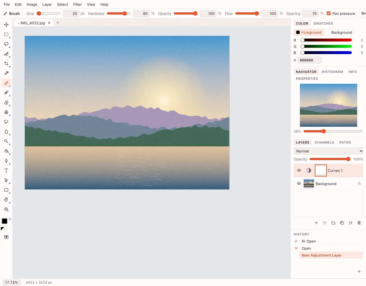 Photo filters examples — the corrected photo with an adjustment layer in the Layers panel