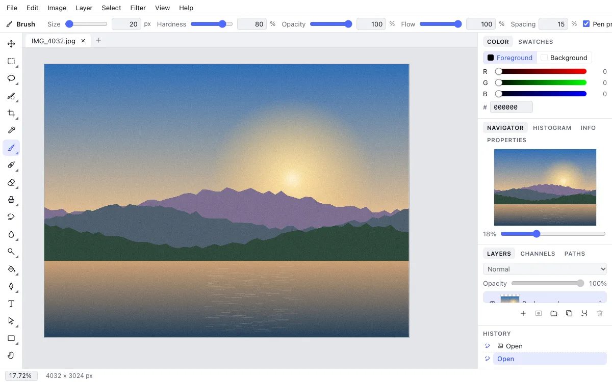 The Zotu Photo editor in a browser tab with a landscape open and the Color, Navigator and Layers panels on the right