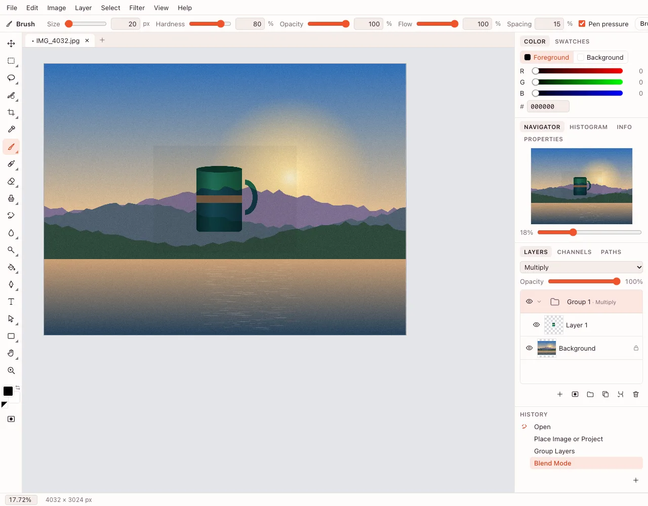 Layers online — Multiply chosen as the blend mode of a group in the Layers panel
