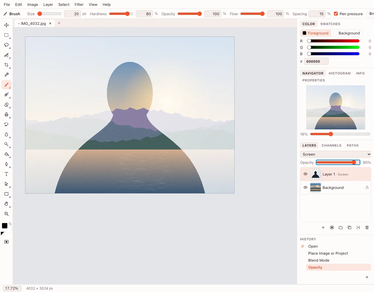 Combine two images — the top photo in Screen mode at 90% opacity, a double exposure