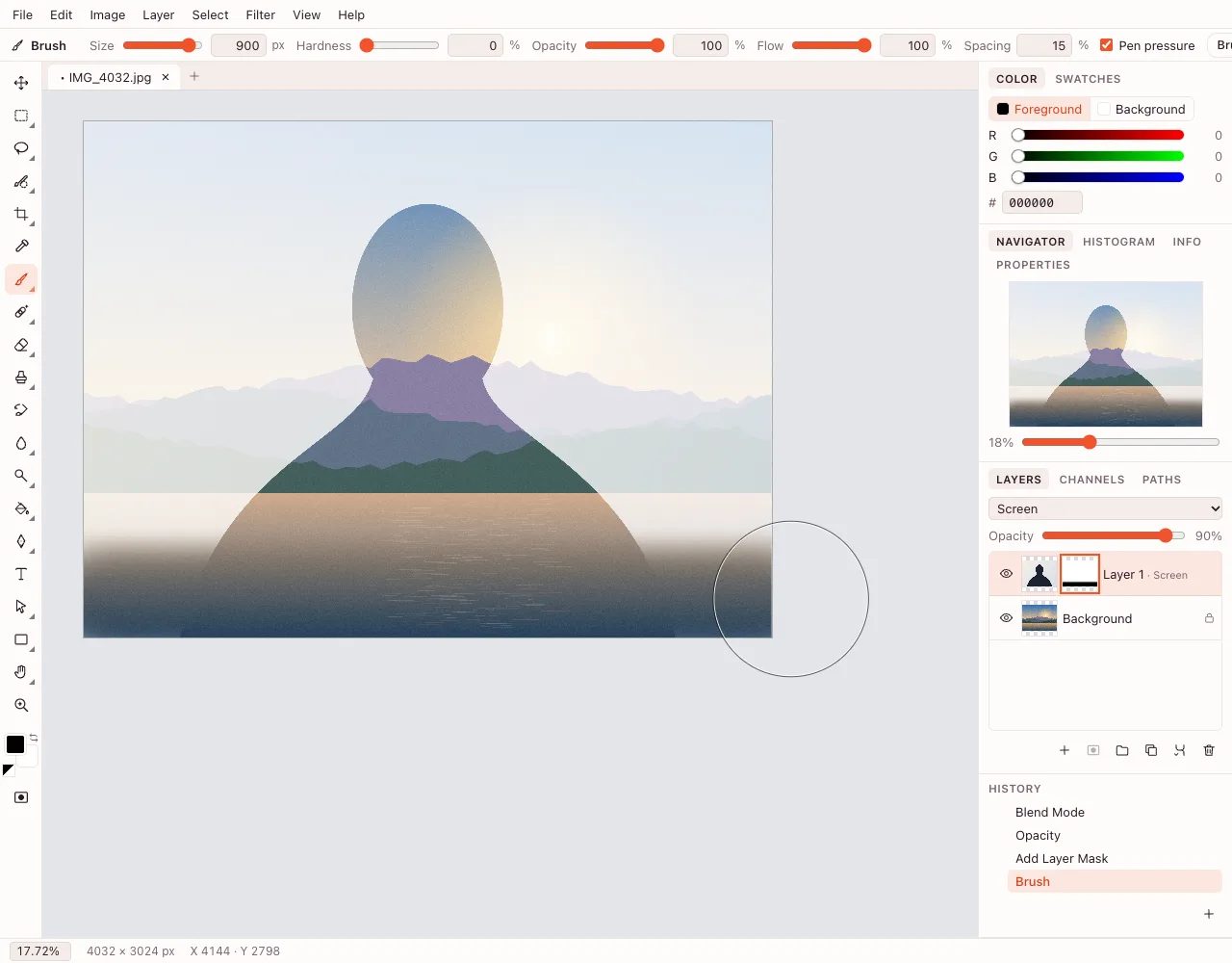 Combine two images — a layer mask blending the two photos
