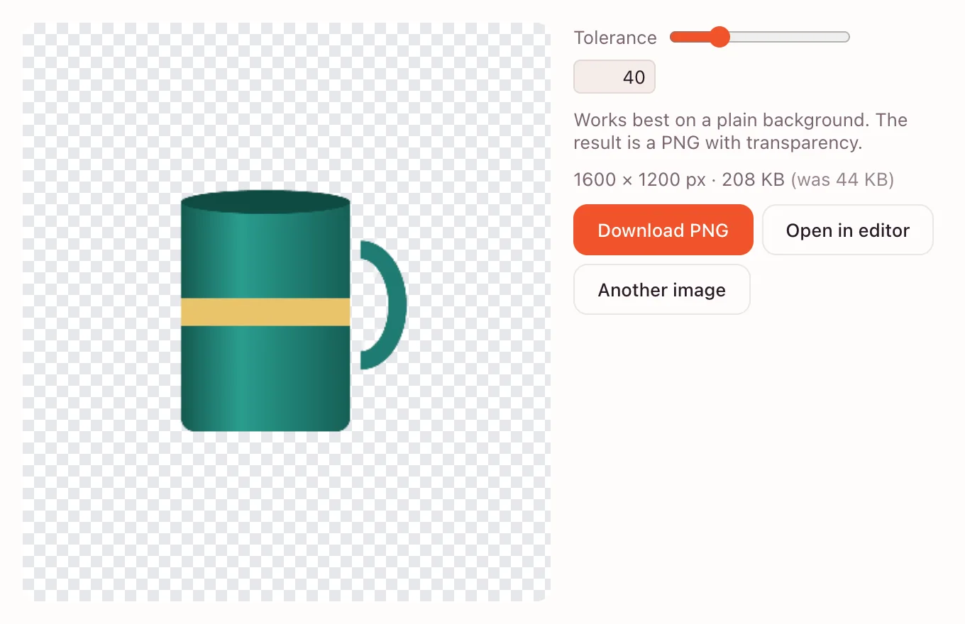 Remove background — a plain backdrop removed without AI: tolerance, Download PNG and Open in editor