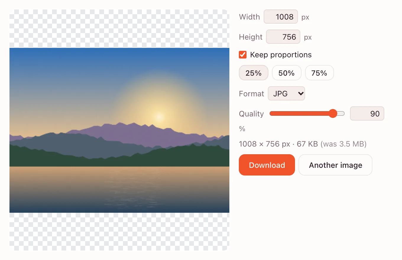 Resize image — width, height and the 25, 50, 75% buttons