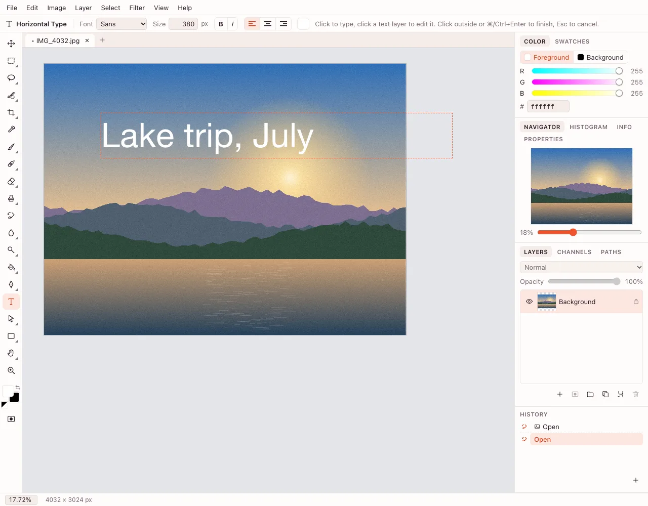 Add text to photo — the Horizontal Type tool and its options bar