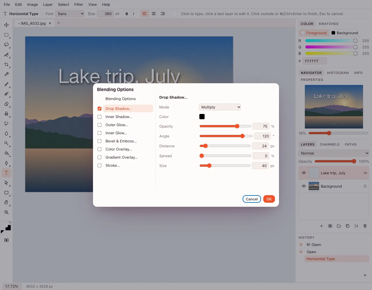 Add text to photo — Blending Options with the drop shadow settings for the caption